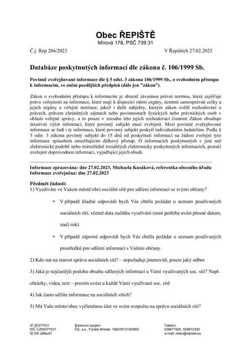 Sdělení k žádosti o poskytnutí informace dle zákona č. 106/1999 Sb.